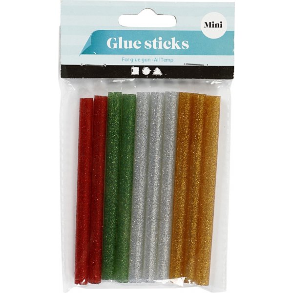 Lijmsticks voor mini lijmpistool - goud - groen - rood - zilver - glitter - L10 cm - 10 stuks Lijmsticks voor mini lijmpistool - goud - groen - rood - zilver - glitter - L10 cm - 10 stuks