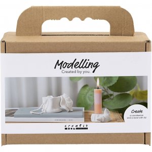 Mini DIY-set van boetseerklei: kaarsenhouder en potje met schelp, gebroken wit, 2 stuks Mini DIY-set van boetseerklei: kaarsenhouder en potje met schelp, gebroken wit, 2 stuks