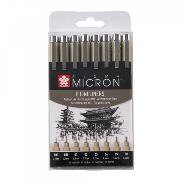Fineliner Pigma Micron Set - 8 pennen (003, 005, 01, 02, 03, 04, 05, 08)