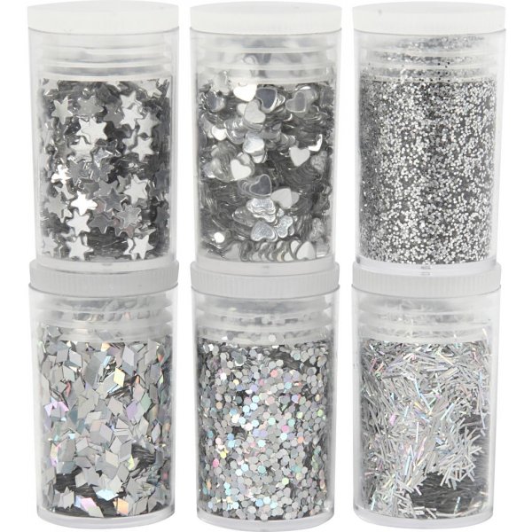 Glitter en pailletten - zilver - 6 x 5 gr Glitter en pailletten - zilver - 6 x 5 gr