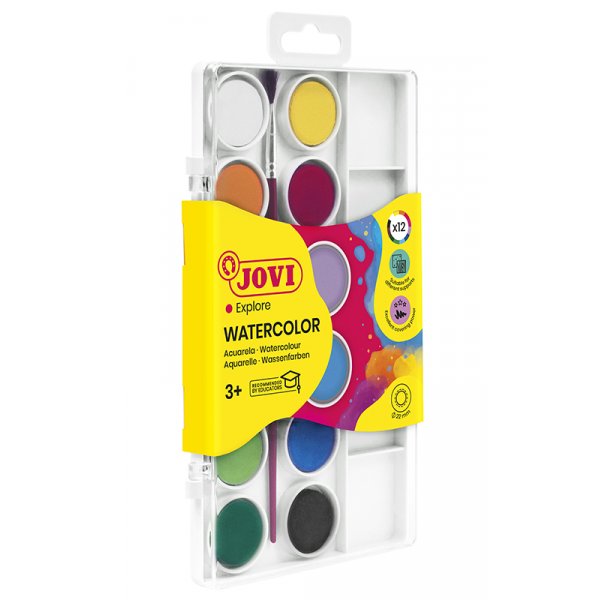 Aquarelset - Jovi - Kit met 12 kleurkoekjes 1 penseel 1 plastic doosje