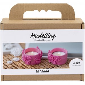 Mini DIY-set van boetseerklei voor kaarsenhouders met roze bloemen (2 stuks) Mini DIY-set van boetseerklei voor kaarsenhouders met roze bloemen (2 stuks)