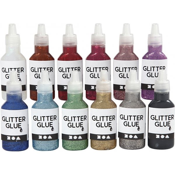 Glitterlijm - gemengde kleuren - 12 x 25 ml
