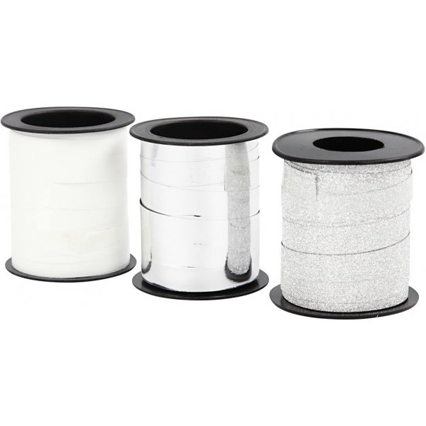 Cadeaukoord - zilver - zilver glitter - wit - 3 x 15 m Cadeaukoord - zilver - zilver glitter - wit - 3 x 15 m