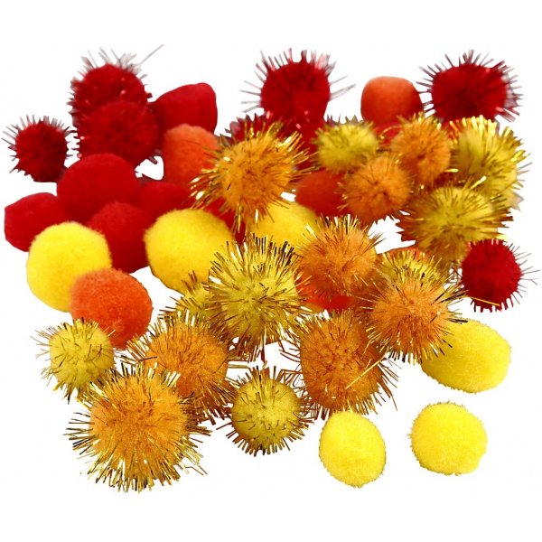 Pompons - oranje - rood - geel - 48 st Pompons - oranje - rood - geel - 48 st
