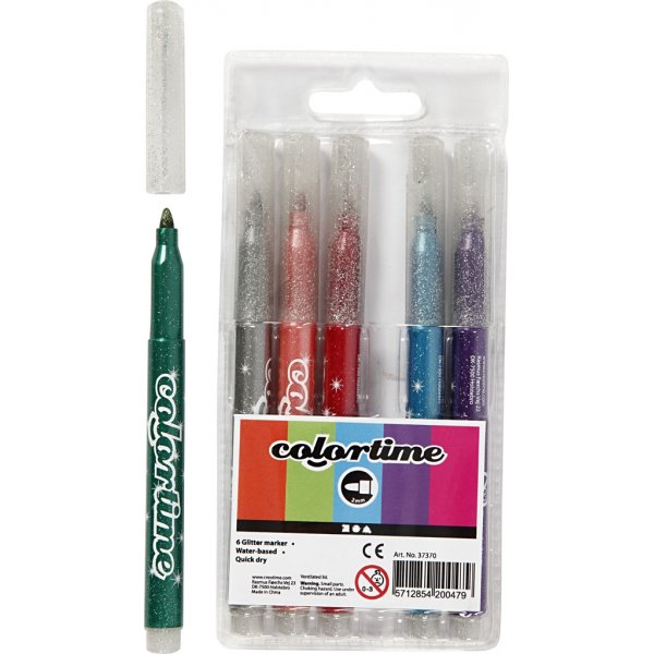 Colortime Glittermarker - gemengde kleuren - 2 mm - 6 st
