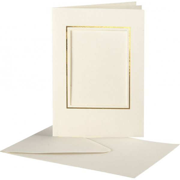 Passepartoutkaarten met enveloppen - gebroken wit - rechthoekig met gouden rand - 10 sets