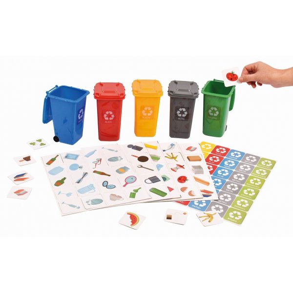 Recyclingspel met 5 bakken en sorteerkaarten