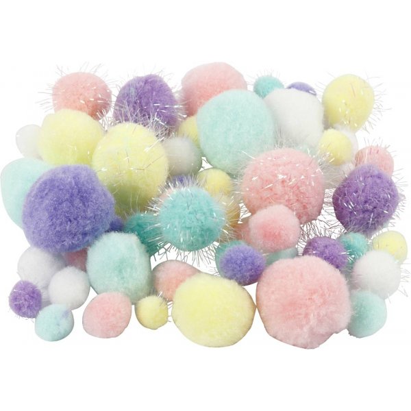 Pompons - pastelkleuren - glitter - 62 gr Pompons - pastelkleuren - glitter - 62 gr
