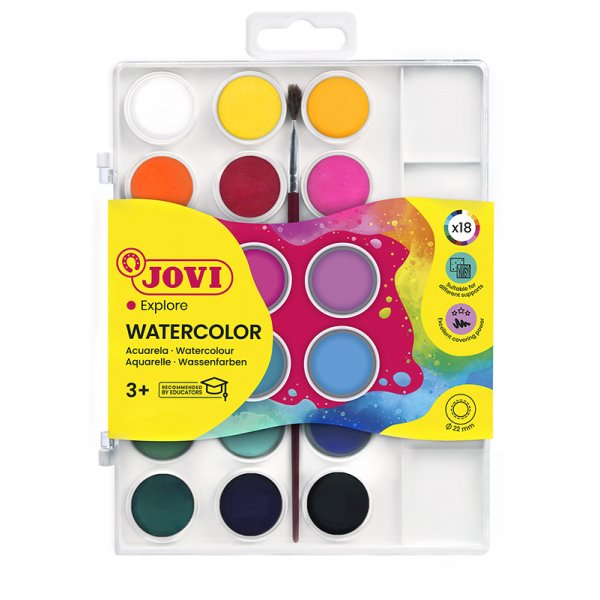 Aquarelset - Jovi - Kit met 18 kleurenkoekjes 1 penseel 1 plastic doosje