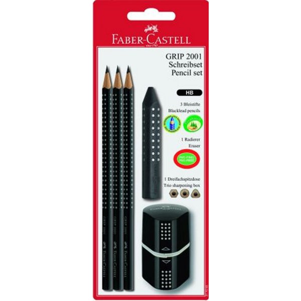 Pennenset Faber-Castell Grip 2001 - Potlood, puntenslijper en gum