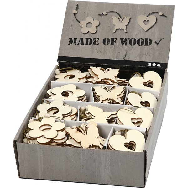 Houten decoraties - Bloemen - vlinders - harten - 200 st Houten decoraties - Bloemen - vlinders - harten - 200 st