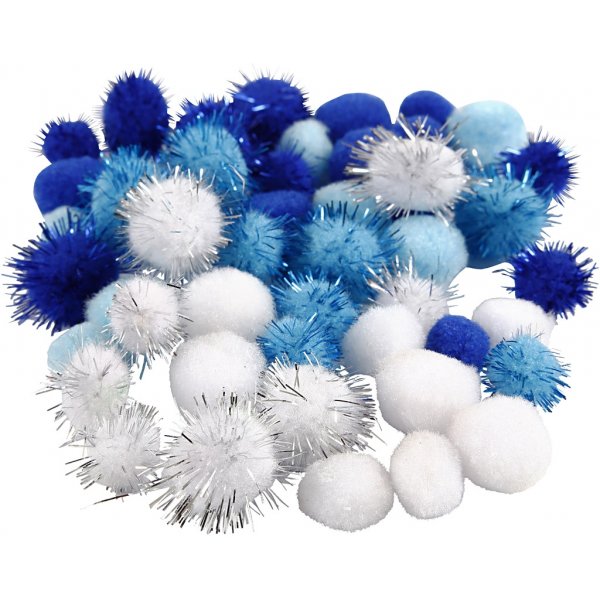 Pompons - lichtblauw - donkerblauw - wit - 48 st Pompons - lichtblauw - donkerblauw - wit - 48 st
