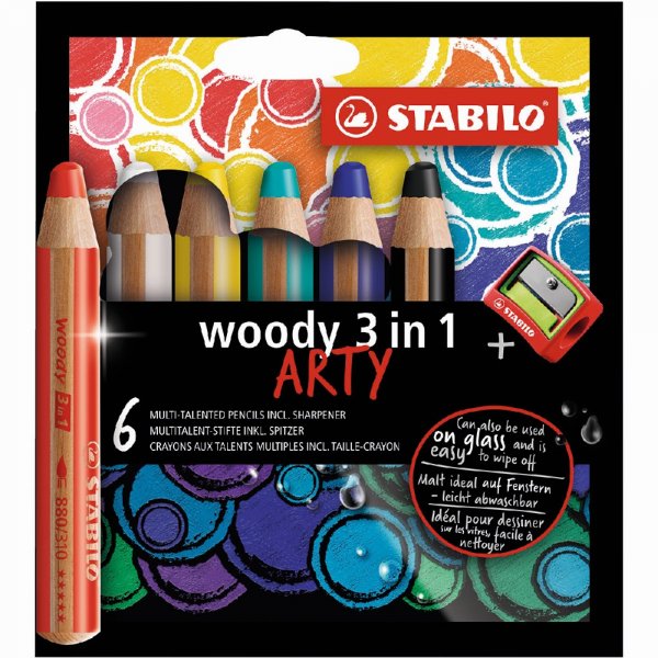 Kleurpotloden Woody Arty 3in1 met puntenslijper - 6-pack