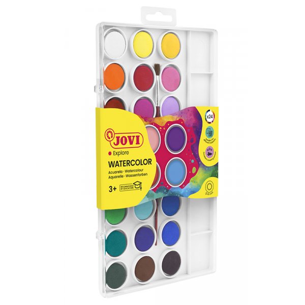 Aquarelset - Jovi - Kit met 24 kleurenkoekjes 1 penseel 1 plastic doosje